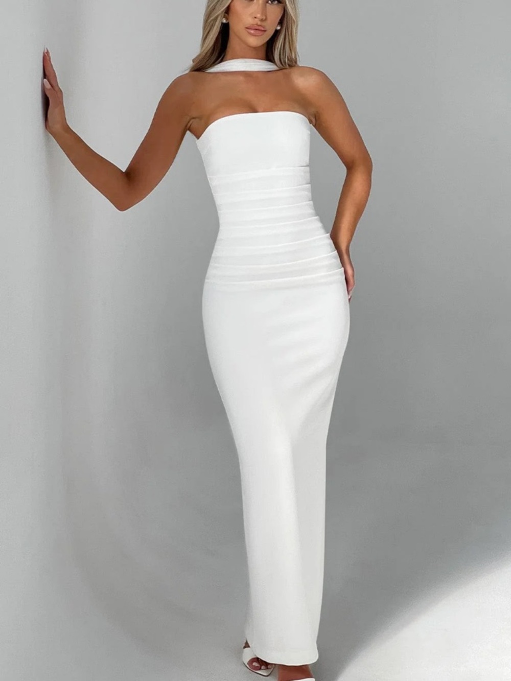 White Sleeveless Maxi Dress with Draped Shoulder Scarves - Picture 3 of 3